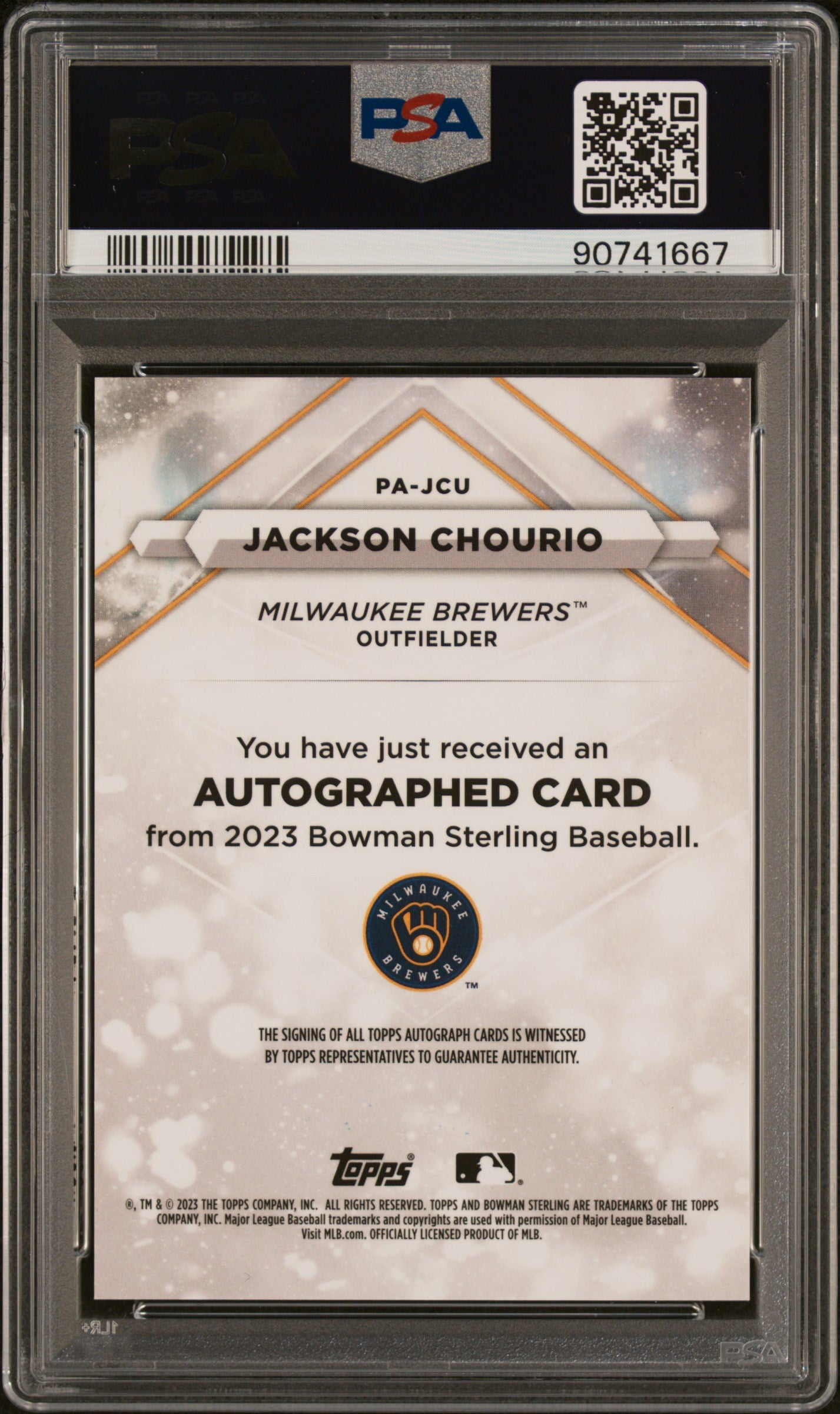 2023 Bowman Sterling Autograph Jackson Chourio #PAJCU Gold #/50 PSA 9 Auto 10