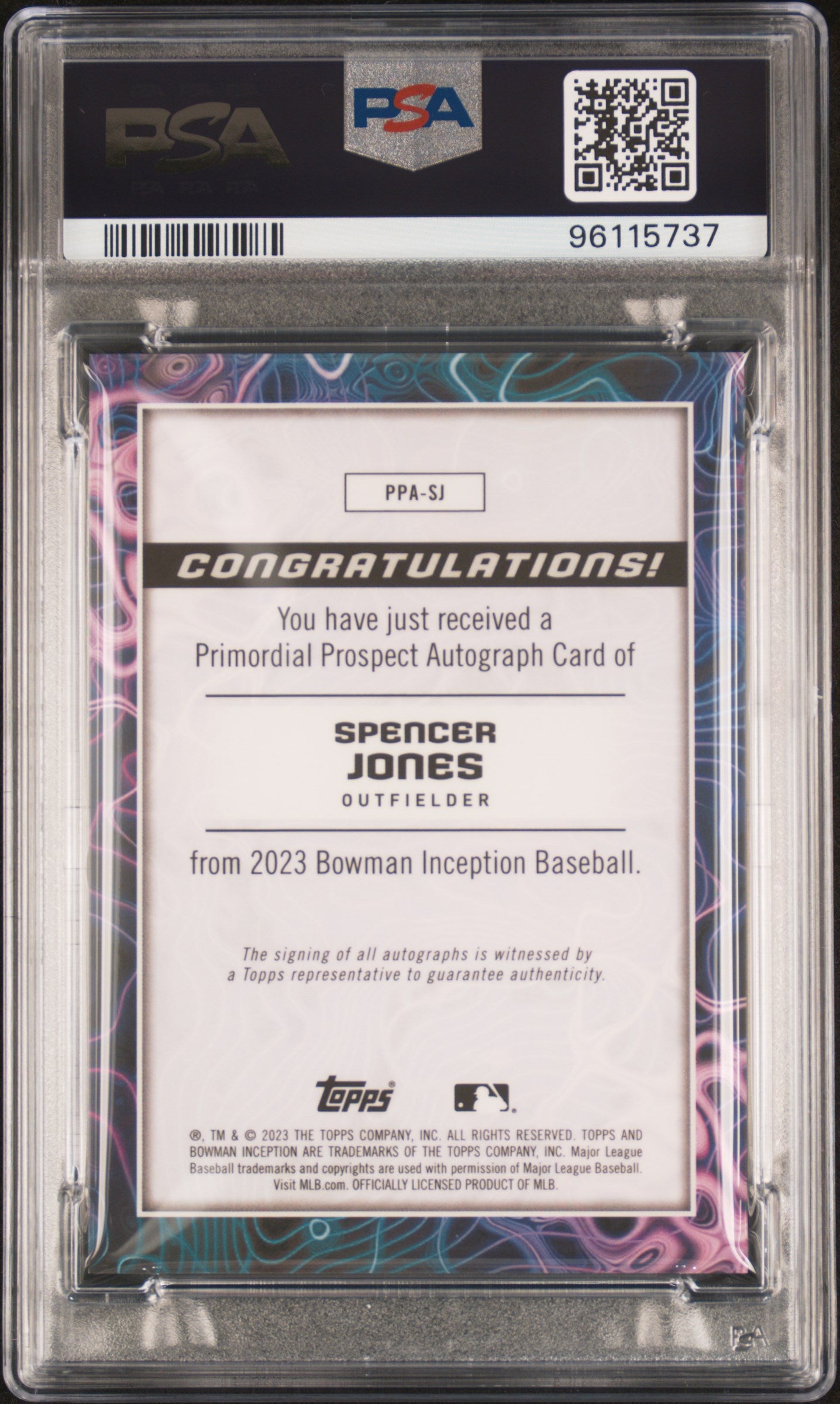 2023 Bowman Inception Primordial Prospects Autographs Spencer Jones #PPASJ Prmrdl Prspcts Au Org Foil PSA 10