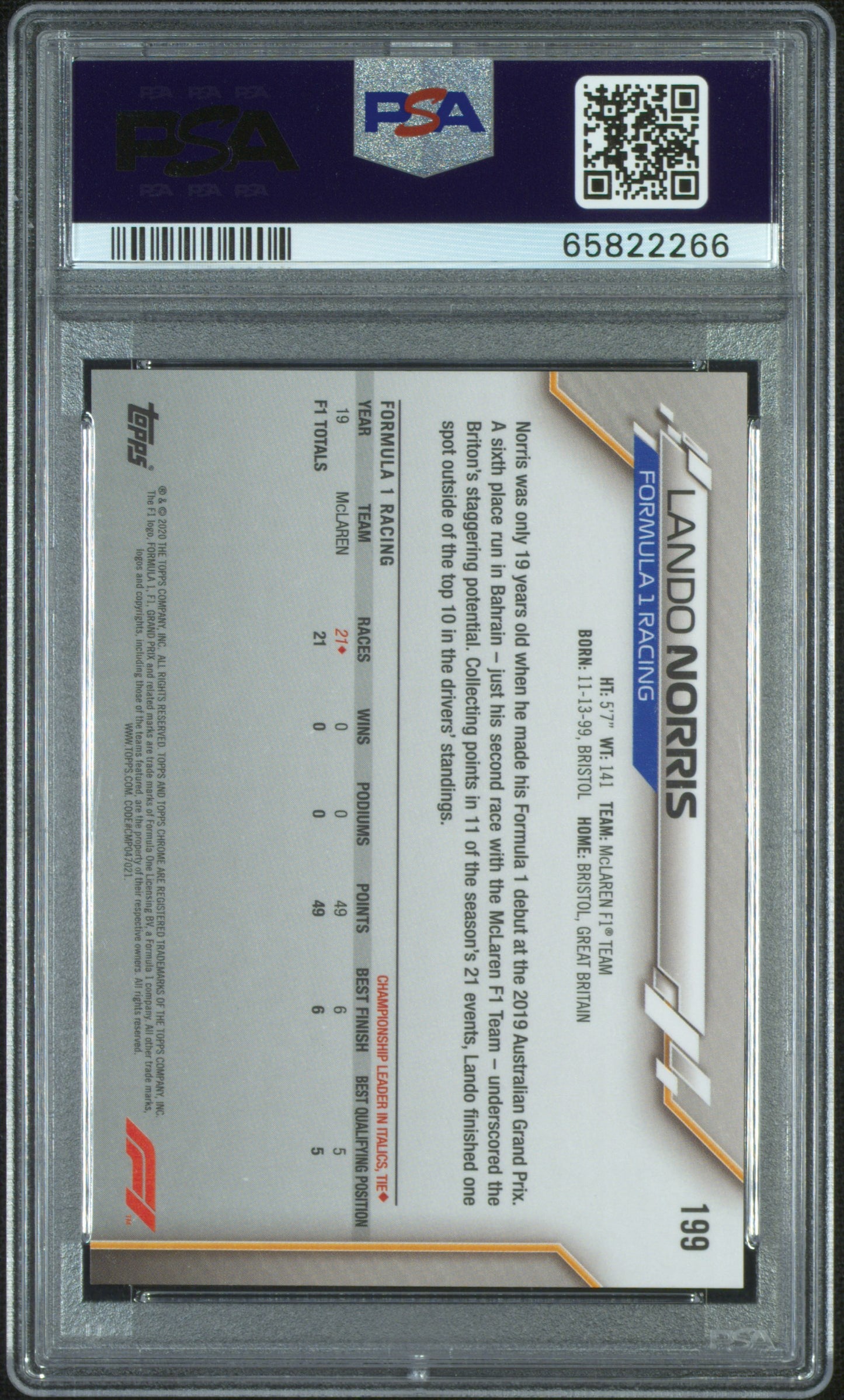 2020 Topps Chrome F1 Sapphire Edition Lando Norris #199 Sapphire Edition PSA 10