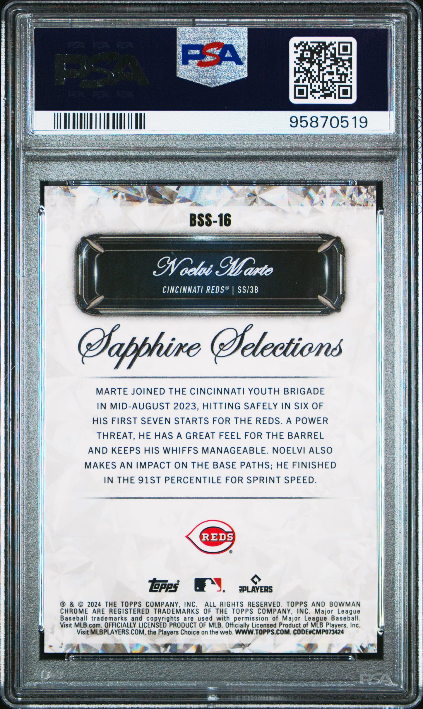 2024 Bowman Sapphire Selections Noelvi Marte #BSS16 Superfractor 1/1 PSA 10