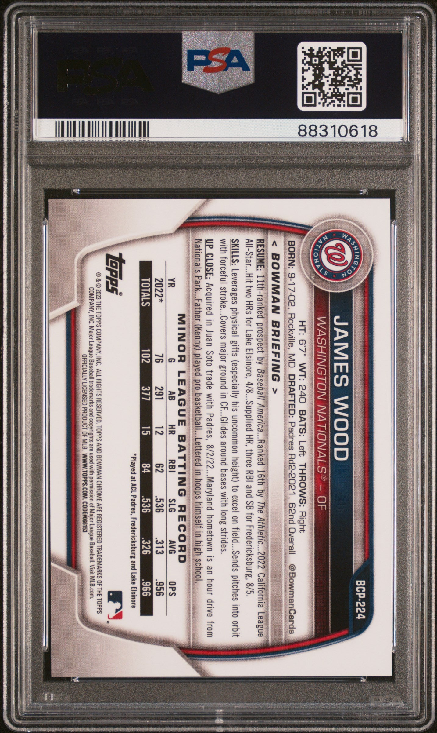 2023 Bowman Chrome Sapphire James Wood #224 Prospects Yellow #/50 PSA 10