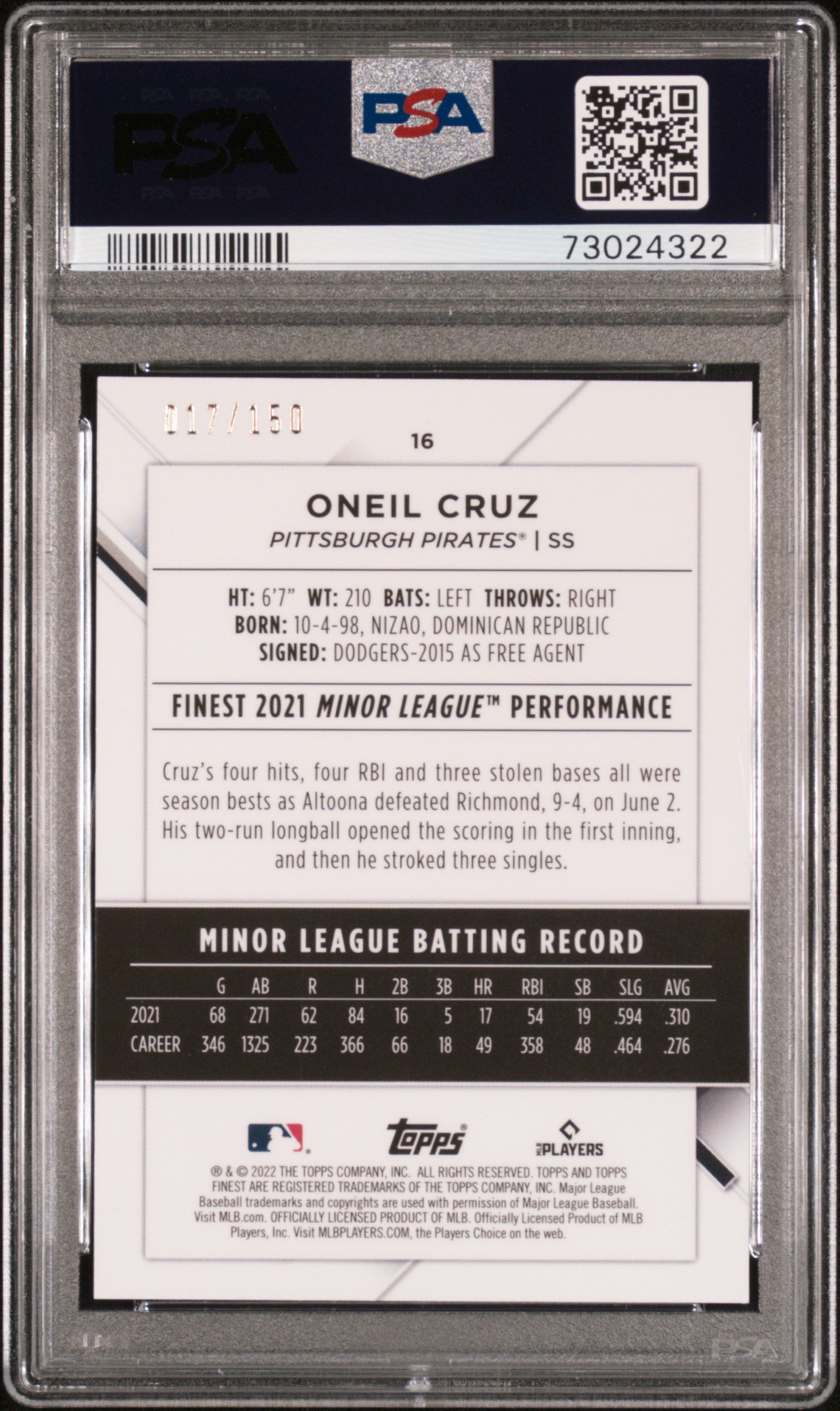 2022 Topps Finest Oneil Cruz #16 Blue #/150 PSA 10