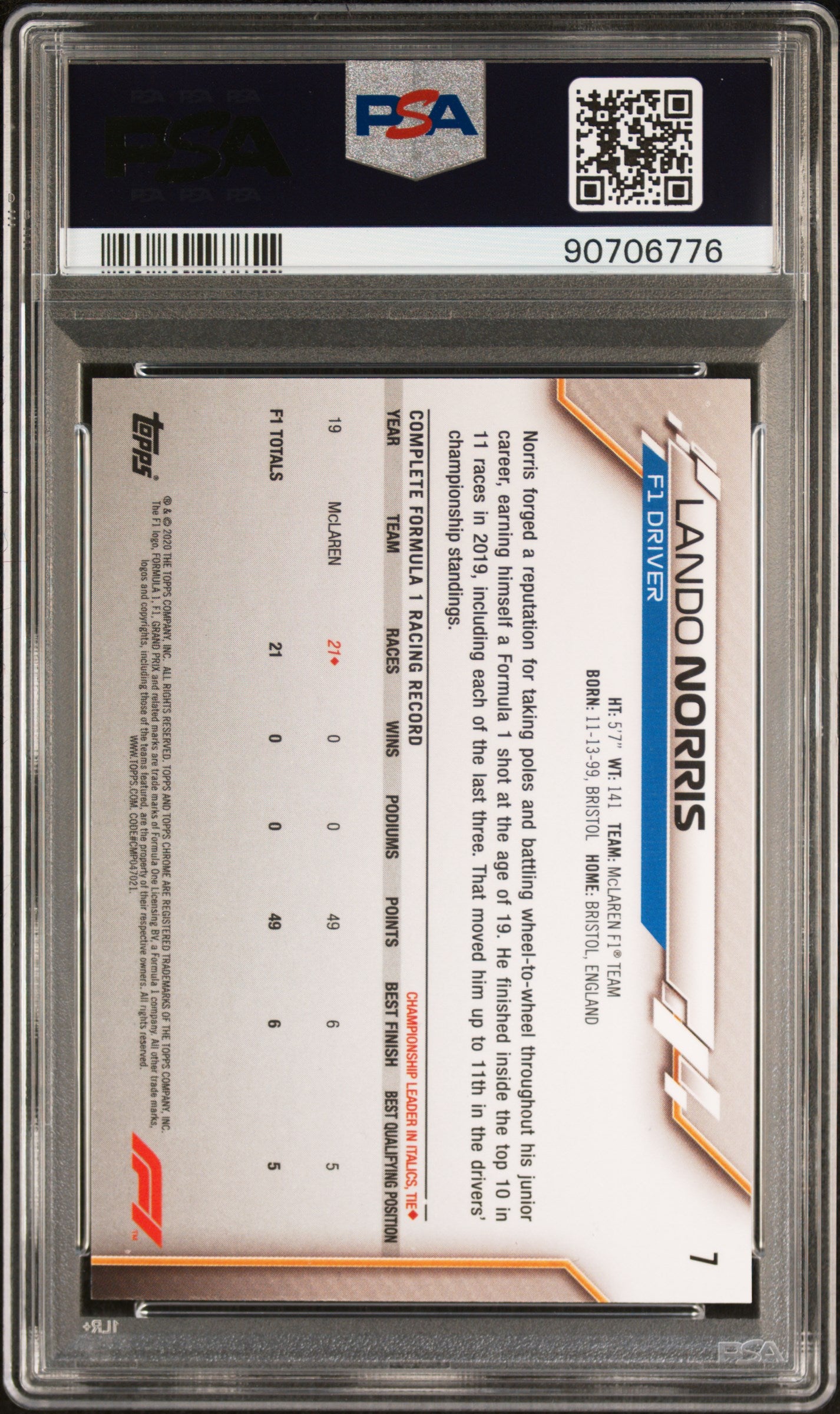 2020 Topps Chrome Formula 1 Sapphire Edition Lando Norris #7 PSA 10