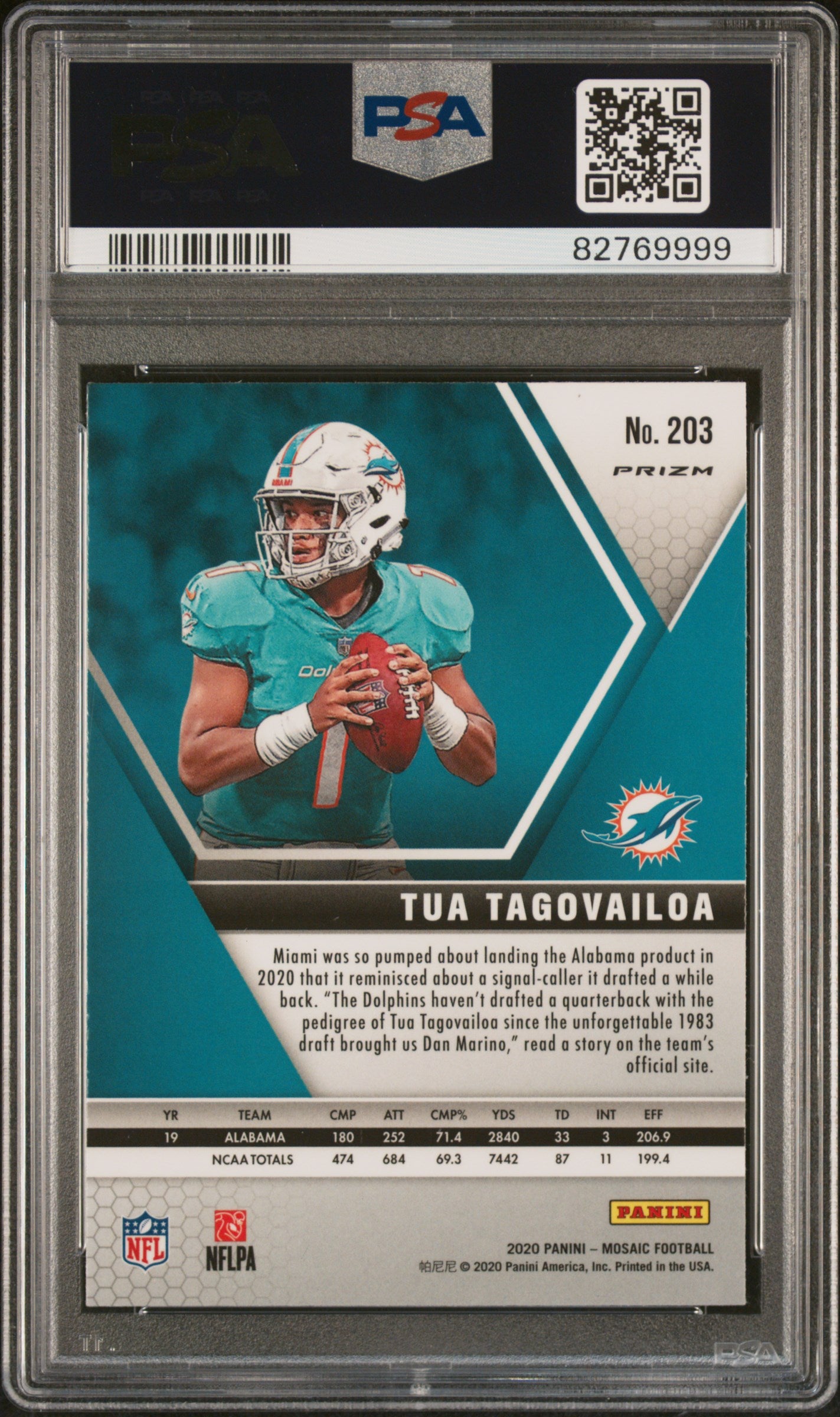 2020 Panini Mosaic Tua Tagovailoa #203 Reactive Blue PSA 10