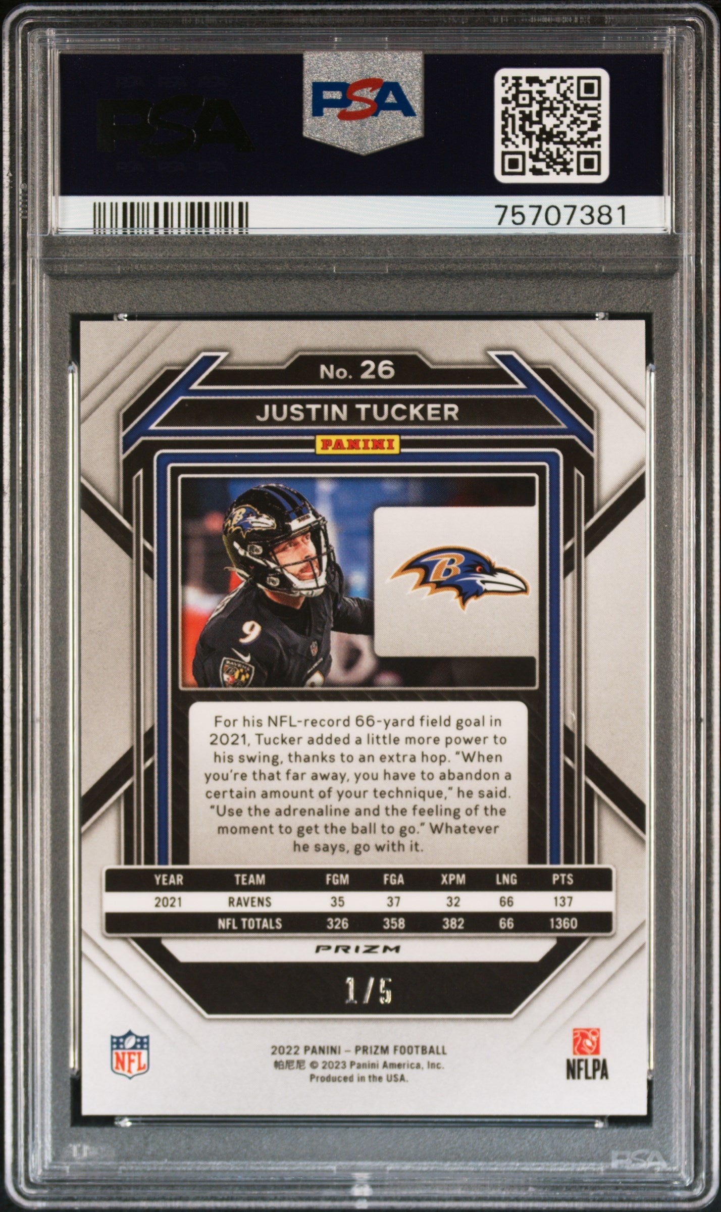 2022 Panini Prizm Justin Tucker Green Shimmer #/5 #26 PSA 10