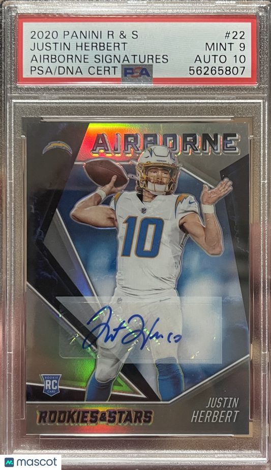 2020 Panini Rookies & Stars Airborne Signatures Justin Herbert #/25 #22 PSA 9