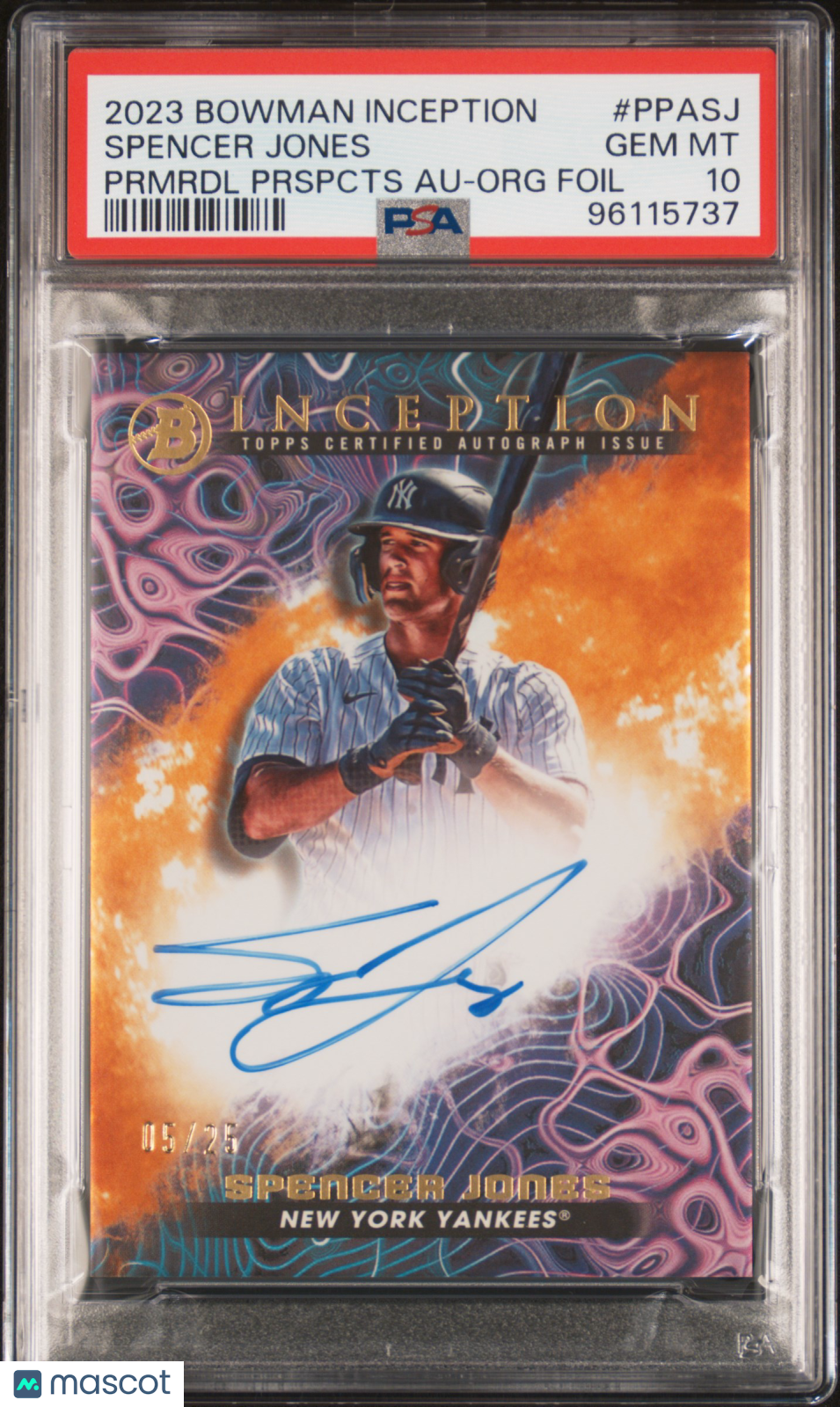 2023 Bowman Inception Primordial Prospects Autographs Spencer Jones #PPASJ Prmrdl Prspcts Au Org Foil PSA 10