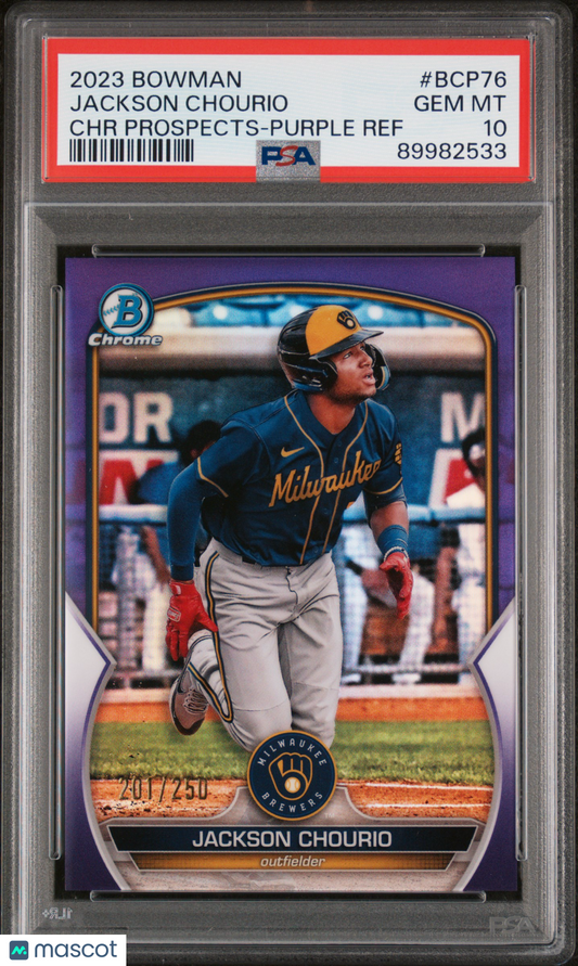 2023 Bowman Chrome Jackson Chourio #BCP76 Purple Refractor #/250 PSA 10