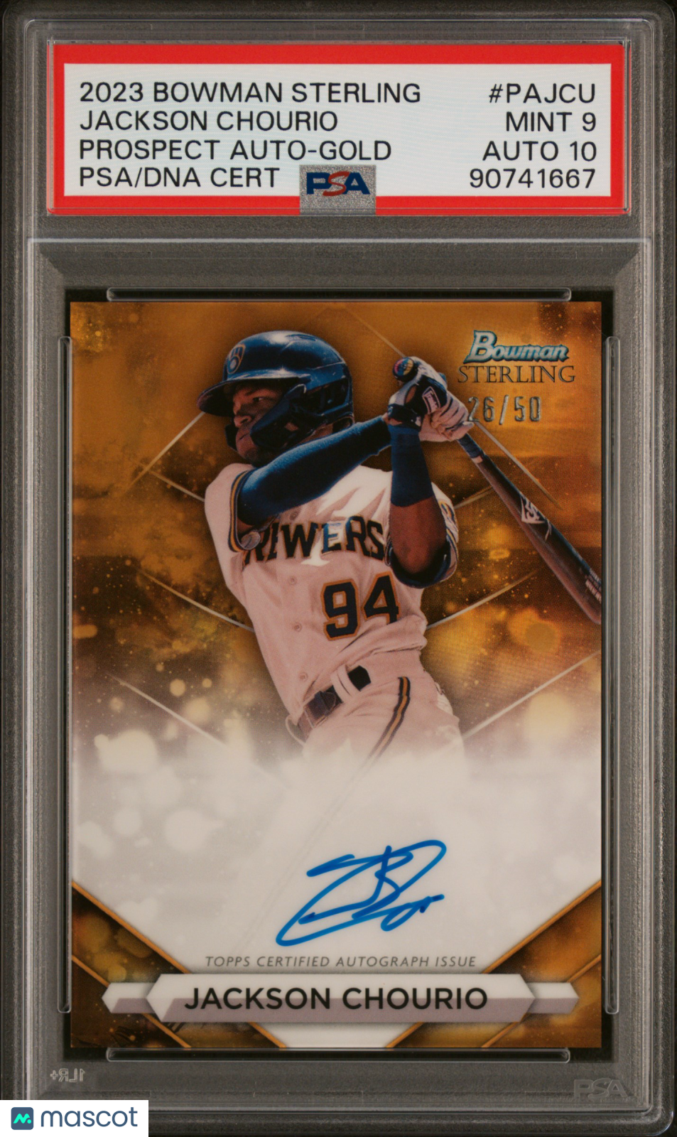 2023 Bowman Sterling Autograph Jackson Chourio #PAJCU Gold #/50 PSA 9 Auto 10