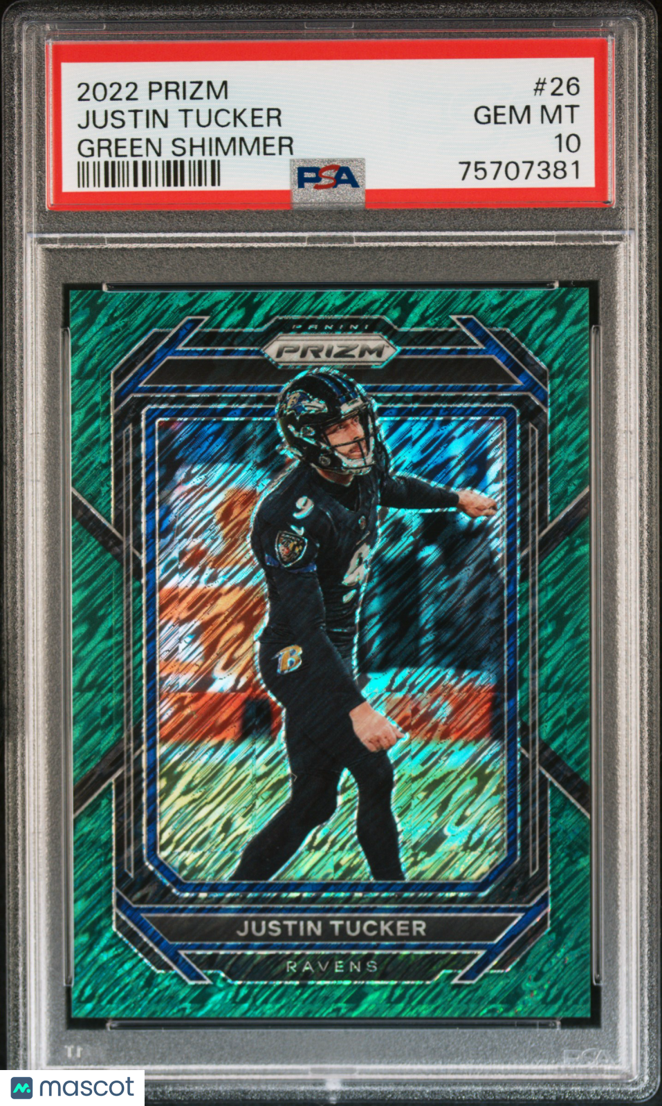 2022 Panini Prizm Justin Tucker Green Shimmer #/5 #26 PSA 10